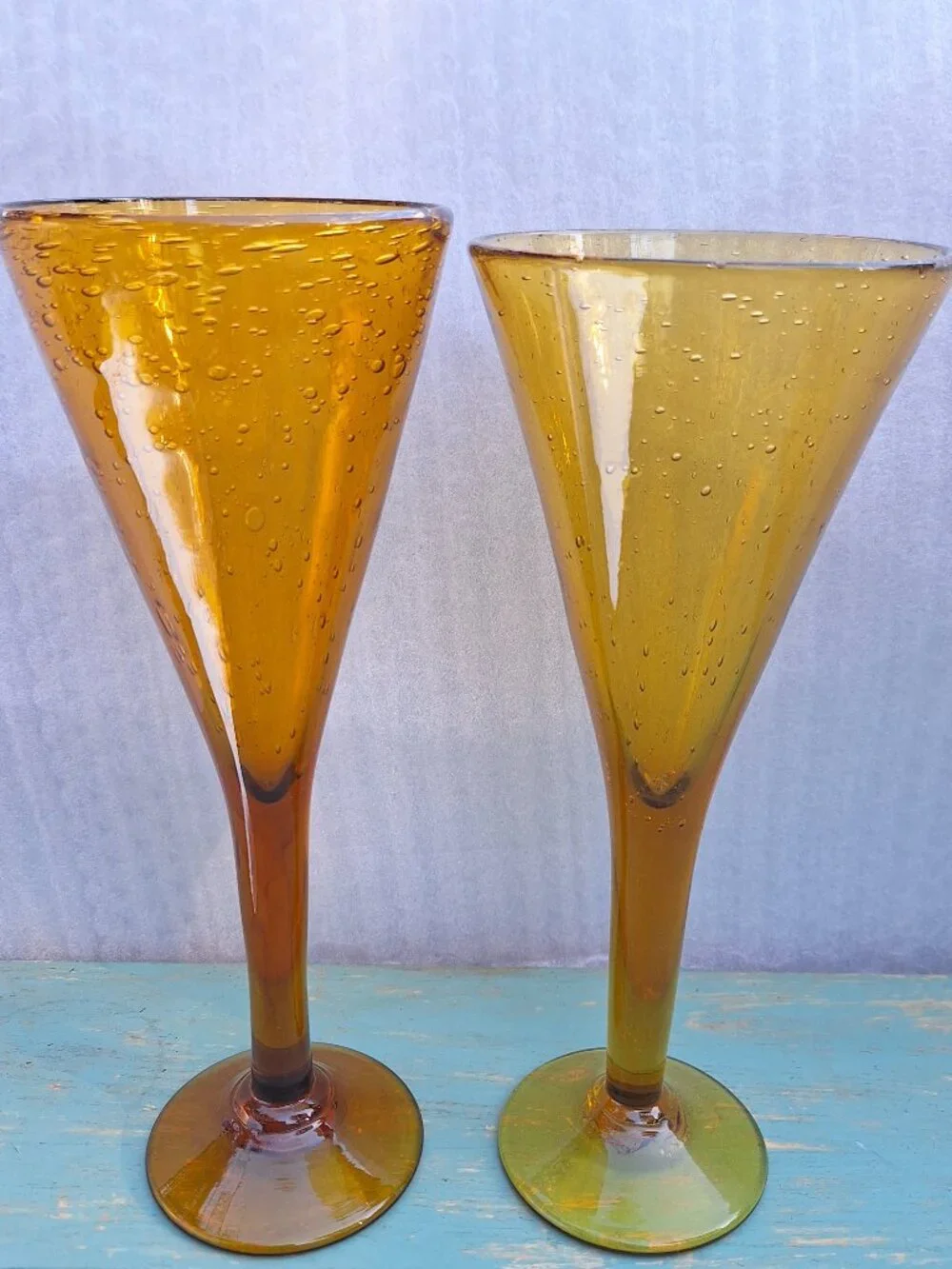 Vintage Wine Goblets Bubbles Hand Blown Glass Gold Bronze Color Pair His and Her - Picture 8 of 16